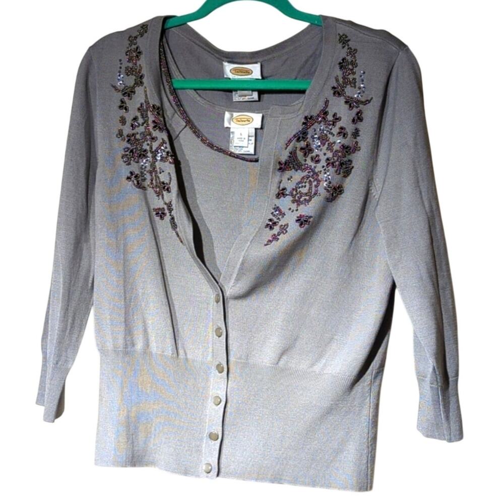 Talbots Gray Silk Blend Beaded Sweater Set Wide Rib Hem 3/4 Sleeves Women's Sz L